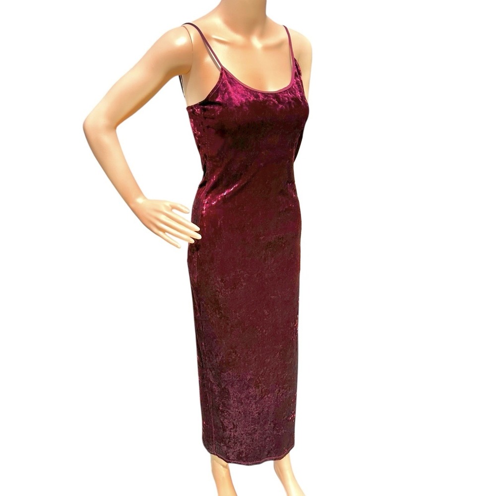 VTG Y2K Crushed Velvet Dress Small Wine Red Midi Bodycon Stretch by Cotton Candy